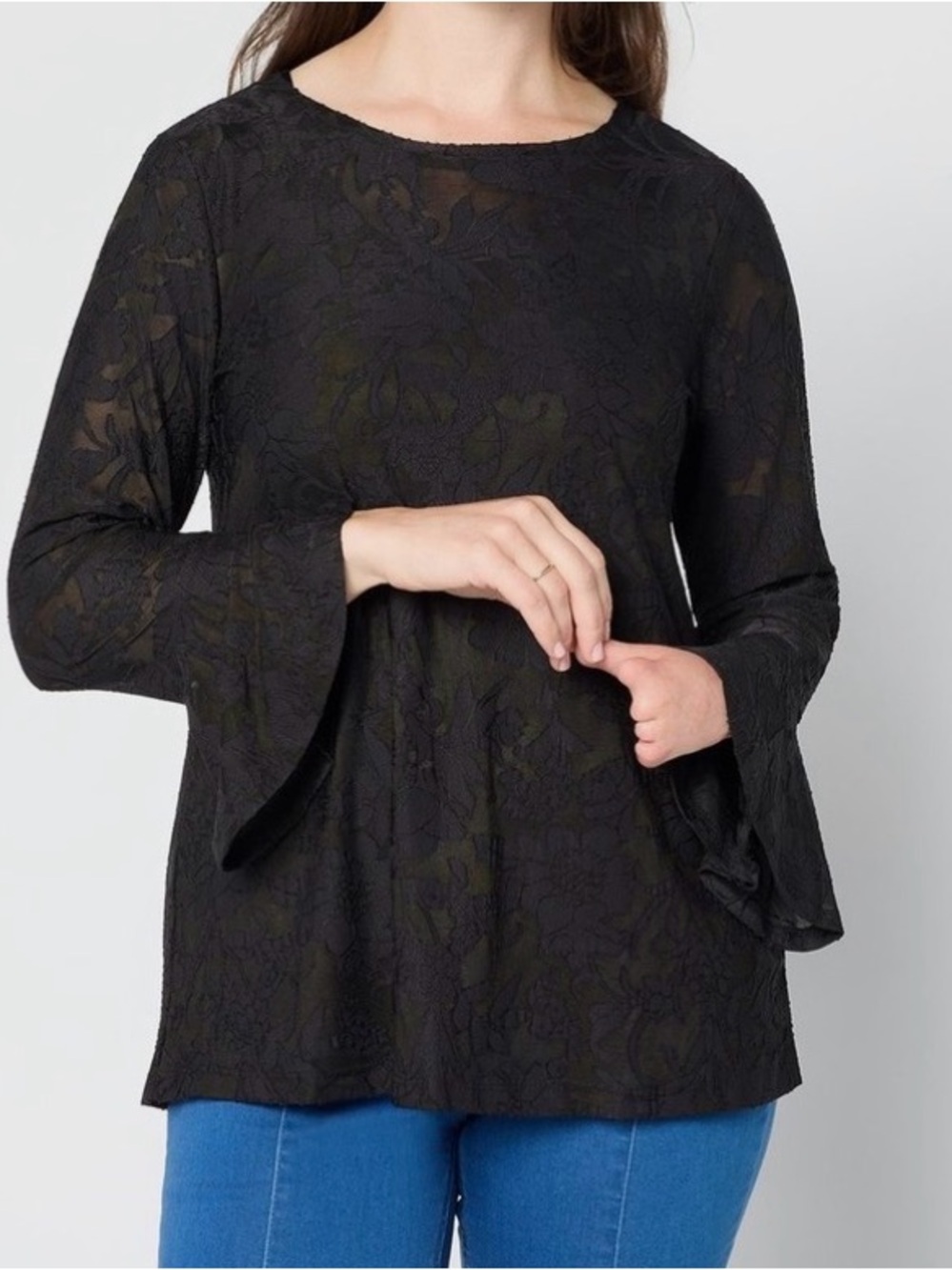 New Susan Graver Burnout Knit Top with Flounce Sleeves Black size Large